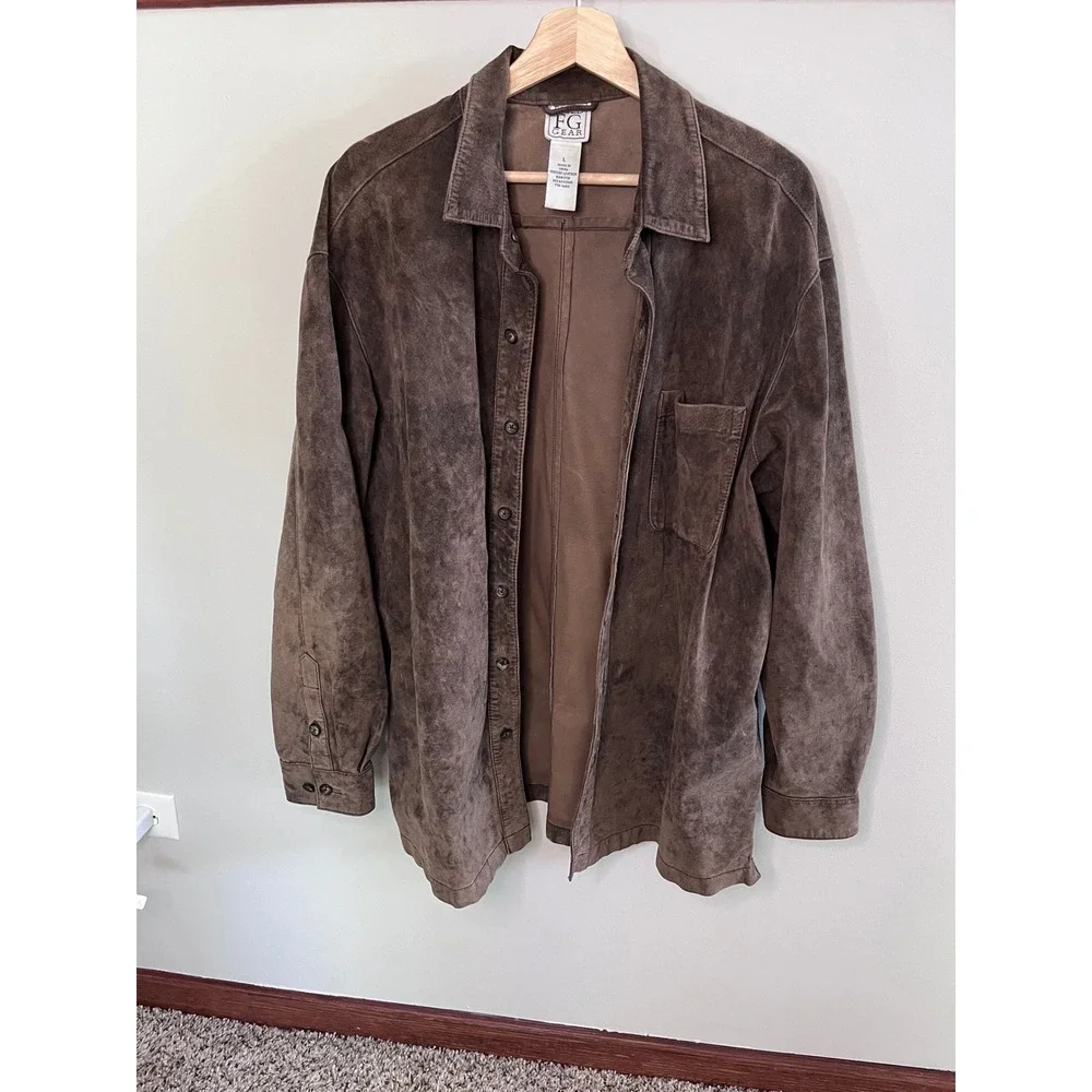 FG Gear Mens Genuine Leather Suede Shirt Jacket Brown Button Front Large L